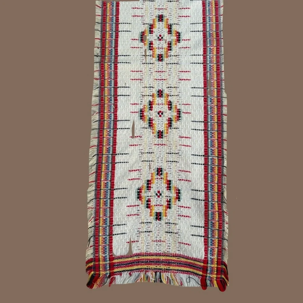 Vintage Overshot Handwoven Cotton Textile / Table Runner Bohemian Cottagecore